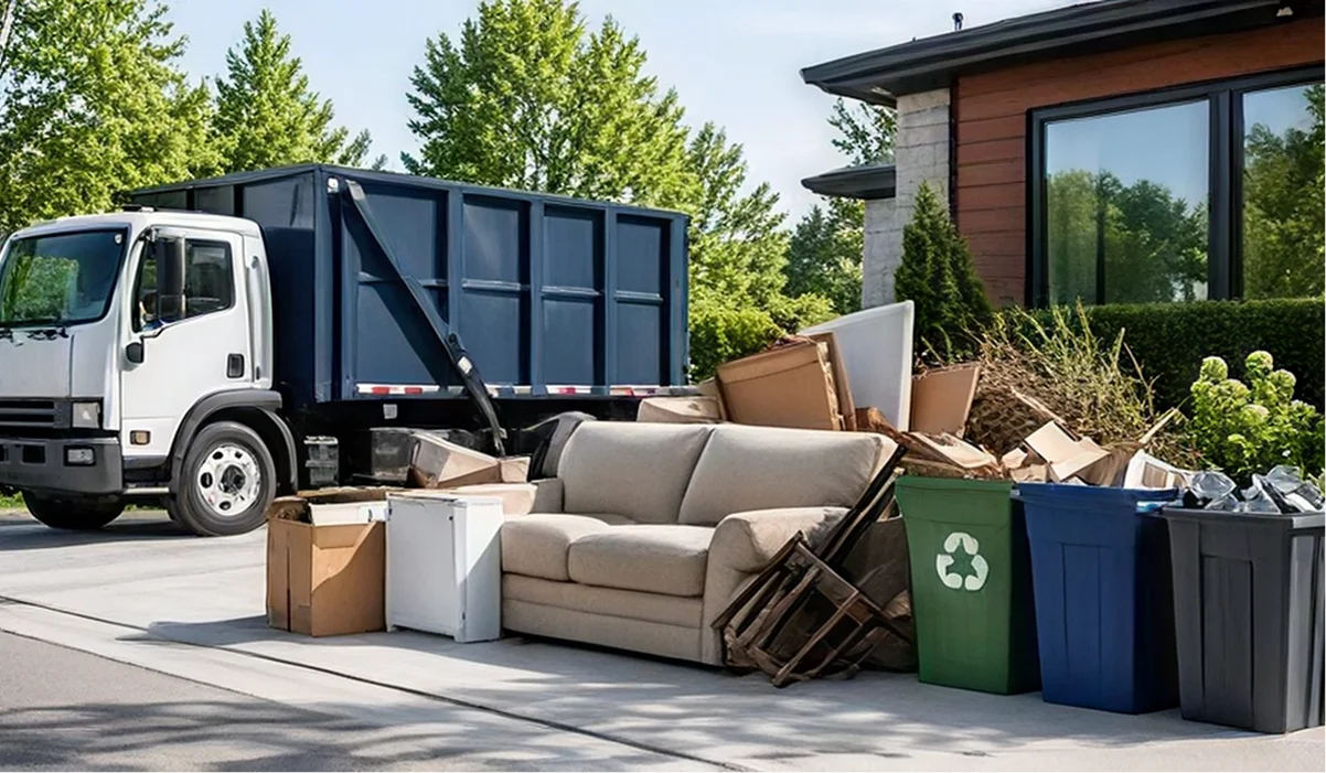 Moving truck beside a couch, boxes and recycling bins