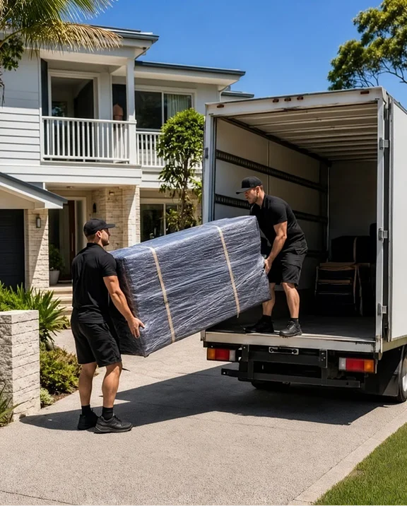 Mover loading wrapped furniture into a moving truck outside a home