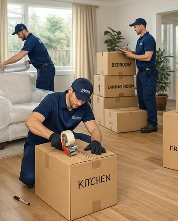 Movers wrapping furniture and packing boxes inside an apartment