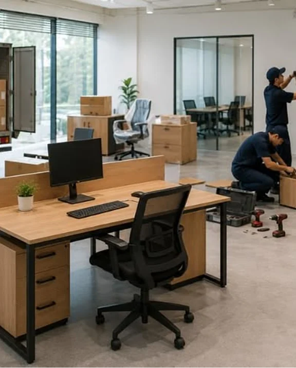 Movers relocating desks and equipment in a modern office