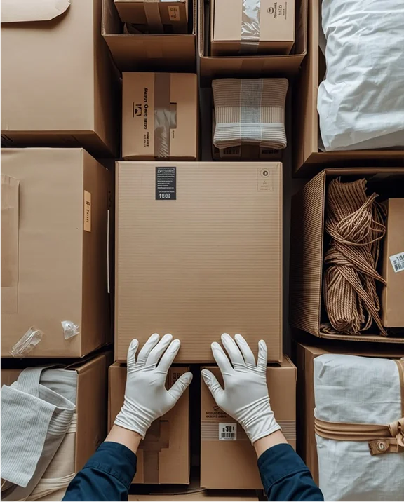 Gloved hands carefully packing fragile items into labeled boxes